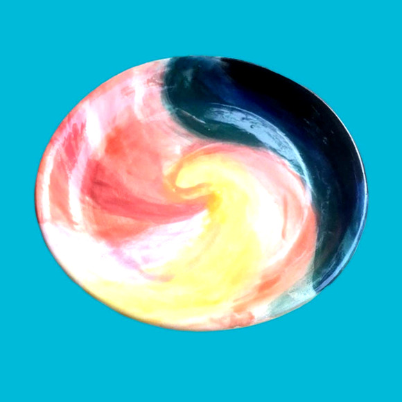 Spiral Pattern Pottery Plate in Teal, Coral, and Yellow/Handcrafted Pottery - Picture 6 of 9